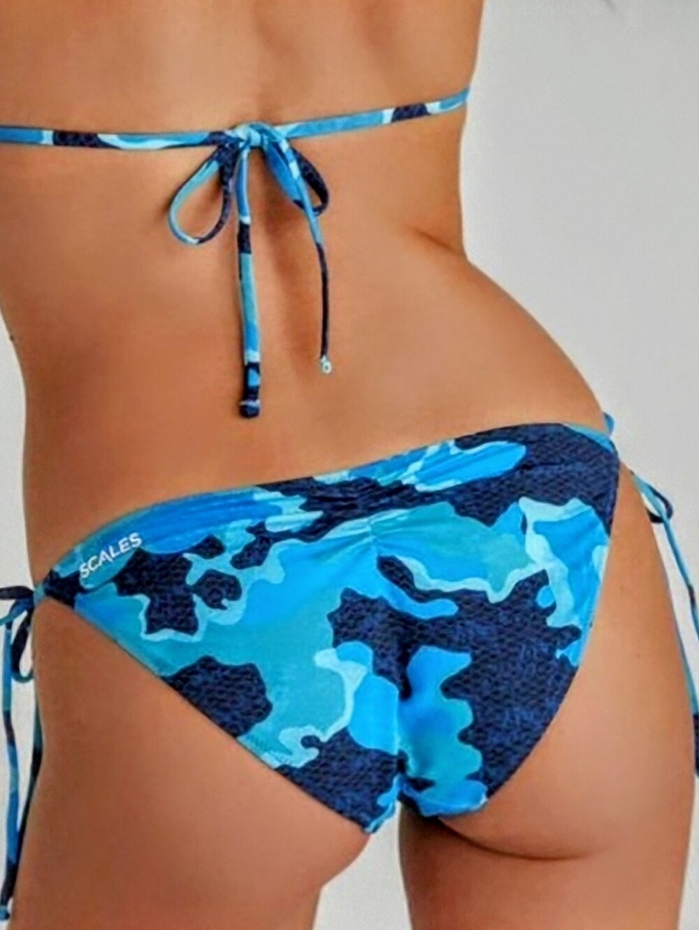 New SCALES Swim Women's Blue Camo Solo Tie Side Ruched Scruntch Bikini Bottom